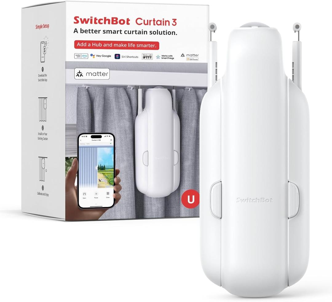 SwitchBot Automatic Curtain Opener - Bluetooth Remote Control Smart Curtain with App, Upgraded High-Performance Motor, Add SwitchBot Hub to Work with Alexa, Google Home, HomeKit (Curtain 3, U Rail)
