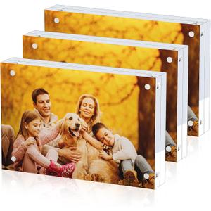 3 Pack Acrylic Picture Frames 4x6, 20%thicker Free Standing Desktop Display,Strong Magnetic Photo Frame, Double Sided Clear Picture Frames , Frameless Standing Desktop Frame for Home, Office, Gift Ready
