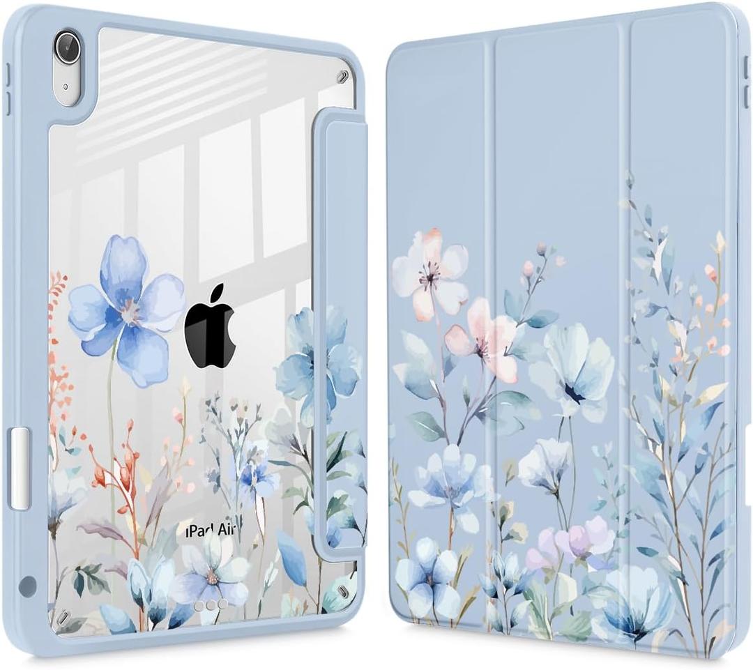 May Chen for iPad Air 11-inch M4/M3/M2 (2026/2025/2024), iPad Air 5th/4th 10.9 Inch - Shockproof Cover with Clear Back Shell & Penceil Holder Auto Wake/Sleep Stand Cover, Blue Flowers