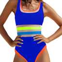 popvil Neon Color Block One Piece Bathing Suit for Women Mesh Tummy Control Swimsuit Teens Sport High Cut Scoop Swimwear (Medium, Blue)