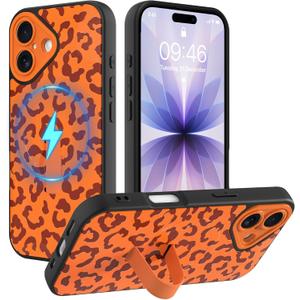 Magnetic for iPhone 17 Case with Finger Strap, Compatible with Magsafe, Cheetah Print Pattern for Women Girls, Slim Shockproof Soft TPU Case for iPhone 17 6.3 Inch, Orange