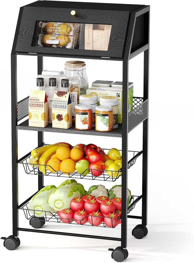 Rolling Kitchen Cart with Bread Box and 2 Pull-Out Wire Baskets - 4-Tier Storage Cart on Wheels with Lockable Casters, Wood Top and Metal Frame for Kitchen, Bathroom, and Pantry (Black)