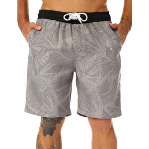 KAILUA SURF Mens Swim Trunks Long, Quick Dry Boardshorts, 9 Inches Inseam Bathing Suits with Mesh Lining (Large, Grey Leaves)