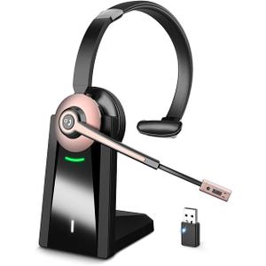 Wireless Headset with Mic for Work, Bluetooth Headset with Microphone Noise Cancelling & Mic Mute, Wireless Headphones with USB Dongle & Charging Base for Work/ Home/Computer/Call Center/Office/Zoom