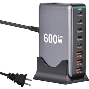 600W USB C Fast Laptop Charging Station, 8 Port Multi Charger Block GAN III Fast Charging Brick Charger for Multiple Devices 140W PD3.0 PPS Compatible with MacBook Pro/Air/iPad iPhone 16/15/14/13