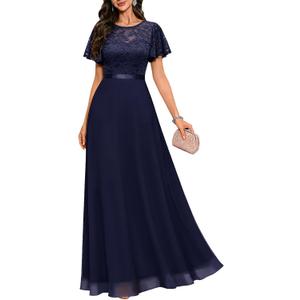 DRESSTELLS Womens Formal Dresses for Wedding Guest Prom Ruffle Sleeve Lace Maxi Dress Evening Gown 2026 (XX-Large, Navy)