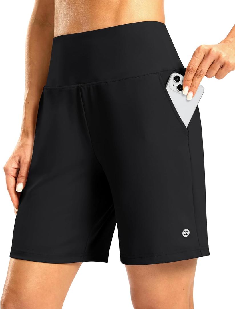 Women's Athletic Shorts with Zipper Pocket 7" High Waisted Stretchy Bermuda Shorts for Women Workout Running Casual (Black, M)