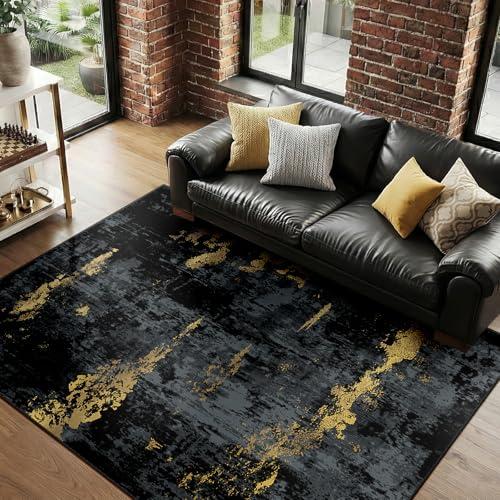 RELEANY Washable Area Rugs 4'x6' Non-Slip Modern Abstract Soft for Living Room Entryway Bedroom Nursery, Print Pattern, Dark Black Gold