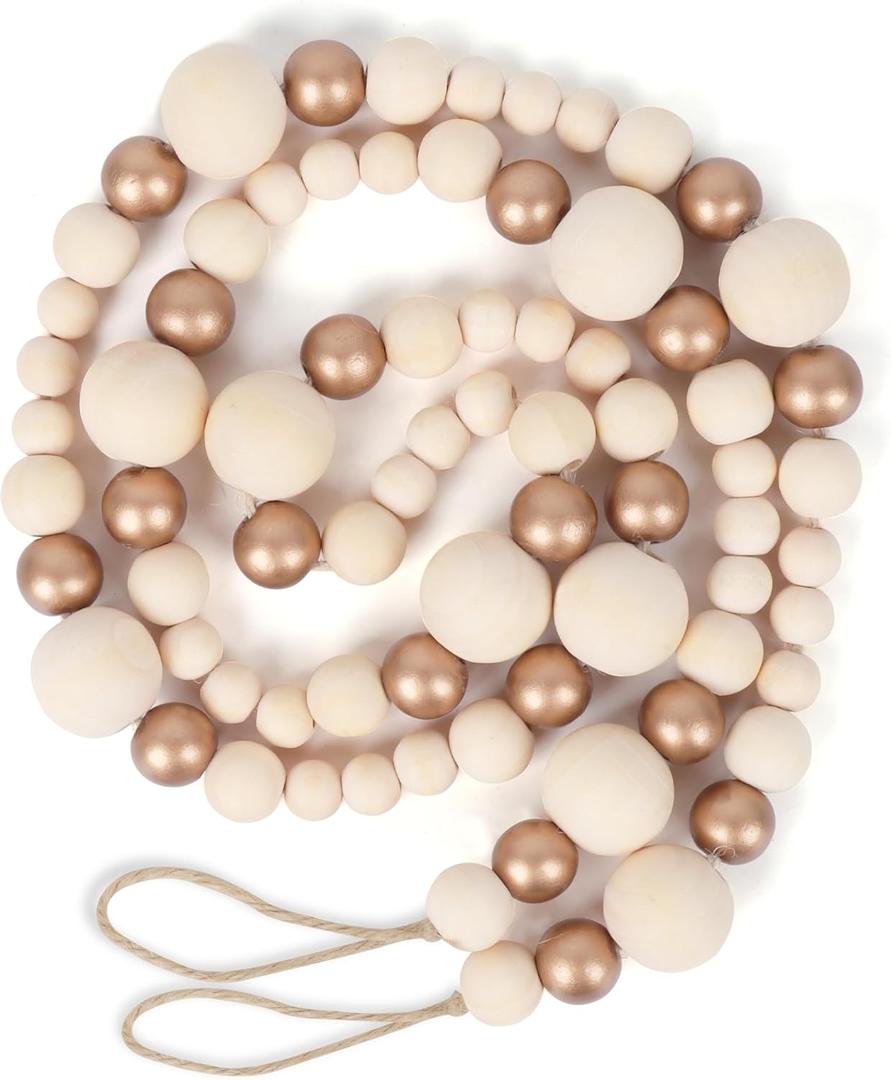 Christmas Wooden Bead Garland Xmas Wooden Tree Beads Rustic Decorative Christmas Tree Farmhouse Decor for Mantle Fireplace Staircase (Natural & Gold)