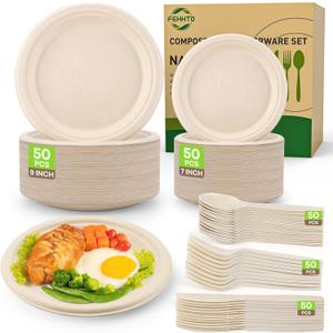 Compostable Paper Plates Set, 250PCS Disposable Heavy-Duty Sugarcane Plate and Eco-Friendly Utensil Biodegradable Dinnerware Plates, Extra Long Forks & Knives & Spoons for Party (Brown)