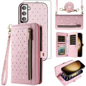 Phone Case for Samsung Galaxy S23 Plus S23+ 5G Zipper Wallet Detachable Cell Cover with Screen Protector Crossbody Strap Bling Flip Credit Card Holder S23plus 23S + S 23 23+ SM-S916U Women Girls Pink