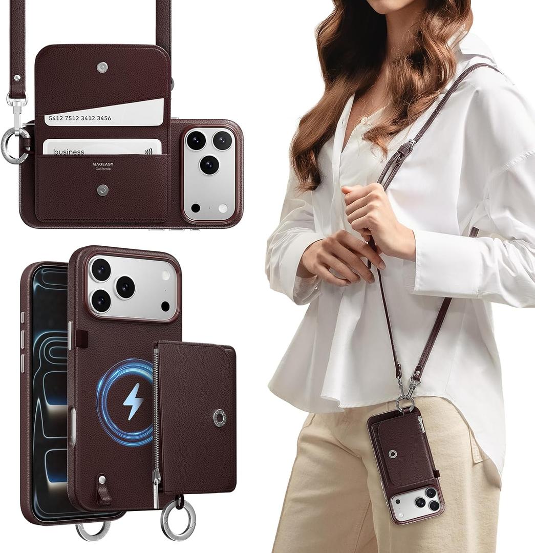 MAGEASY Pouch MagSafe Wallet Case for iPhone 17 Pro Max, Detachable Magnetic Crossbody Case with Strap Adjustable, Drop Protection Leather Purse Case, RFID Blocking Card Holder Coin Pocket (Burgundy)
