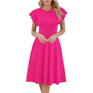 HELYO Women's Semi-Formal Ruffle Sleeves V-Back Work Fit and Flare Cocktail Wedding Guest Dress with Pockets 842 (Large)