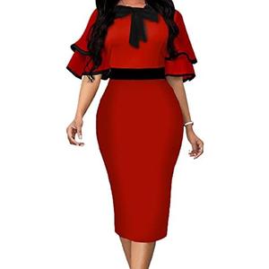 Xinlees Women's Bodycon Pencil Dress Sexy Short Ruffles Sleeve Clubwear Basic Fitted Outfits Casual Midi Dresses M