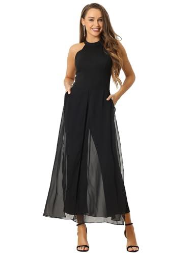 Allegra K Elegant Jumpsuit for Women's Summer Sleeveless Halter Neck Belted Wedding Chiffon Wide Leg Dressy Jumpsuits, Small, Dark Blue