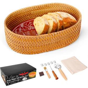 Bread Basket with Warming Stone with Cotton Cloths  Terracotta Bread Warmer Stone  12.7 x 3.7 x 8.2 Inch Large Traditional Bread Warming Set  Gifts for Bakers Woman Hostess House Warming