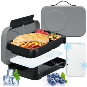 Bento Box for Kids, Kids Bento Lunch Box with Built-in Ice Pack for School,3 Compartments Leak Proof Lunch Container with Utensils for Girl Boy; BPA Free, Microwave & Dishwasher Safe, 44oz (Black)