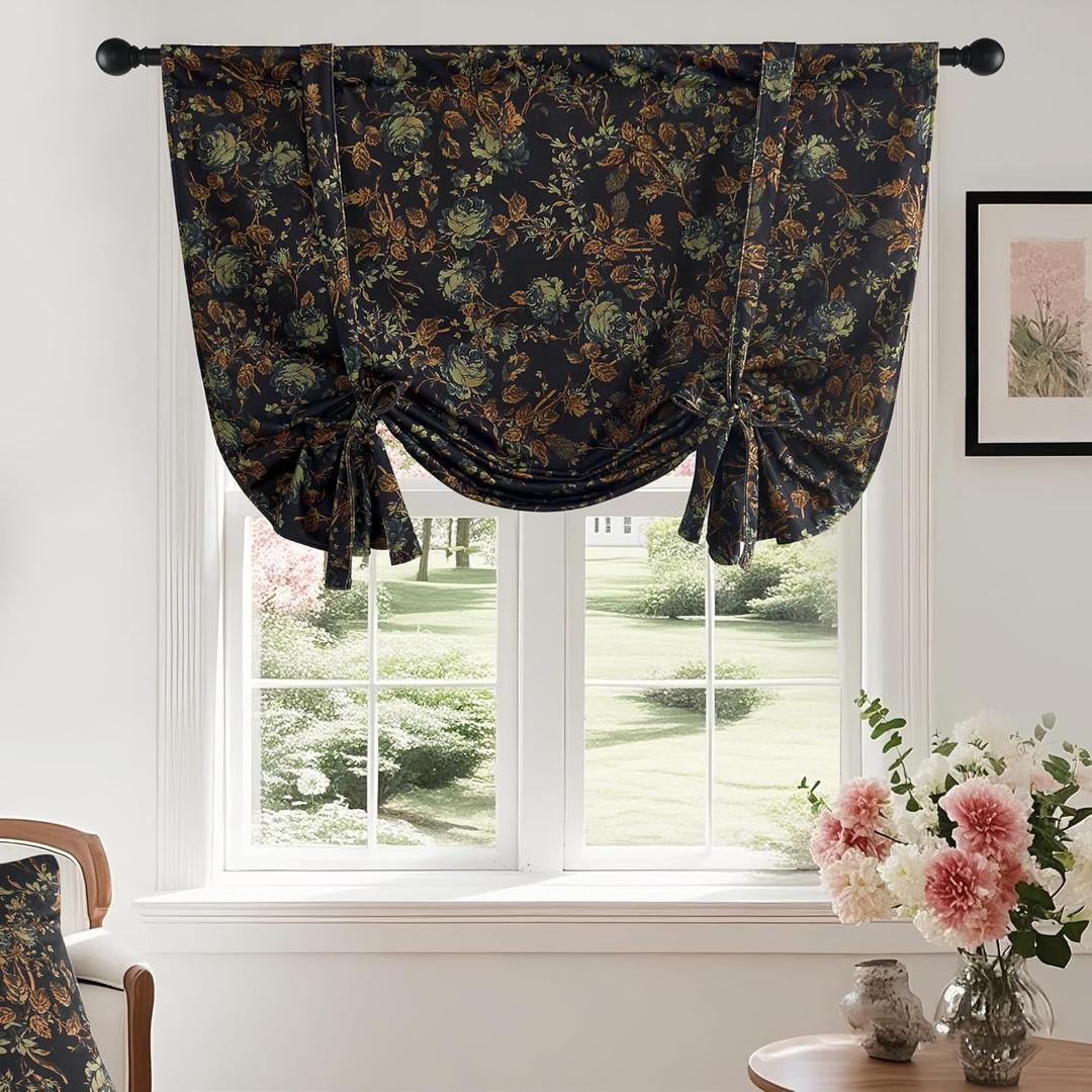 StangH Vintage Floral Tie Up Curtains for Living Room, Black Flower Patterned Light Blocking Velvet Drapes Thermal Insulated Farmhouse Drapes for Bedroom Home Office, W46 x L63, 1 Panel