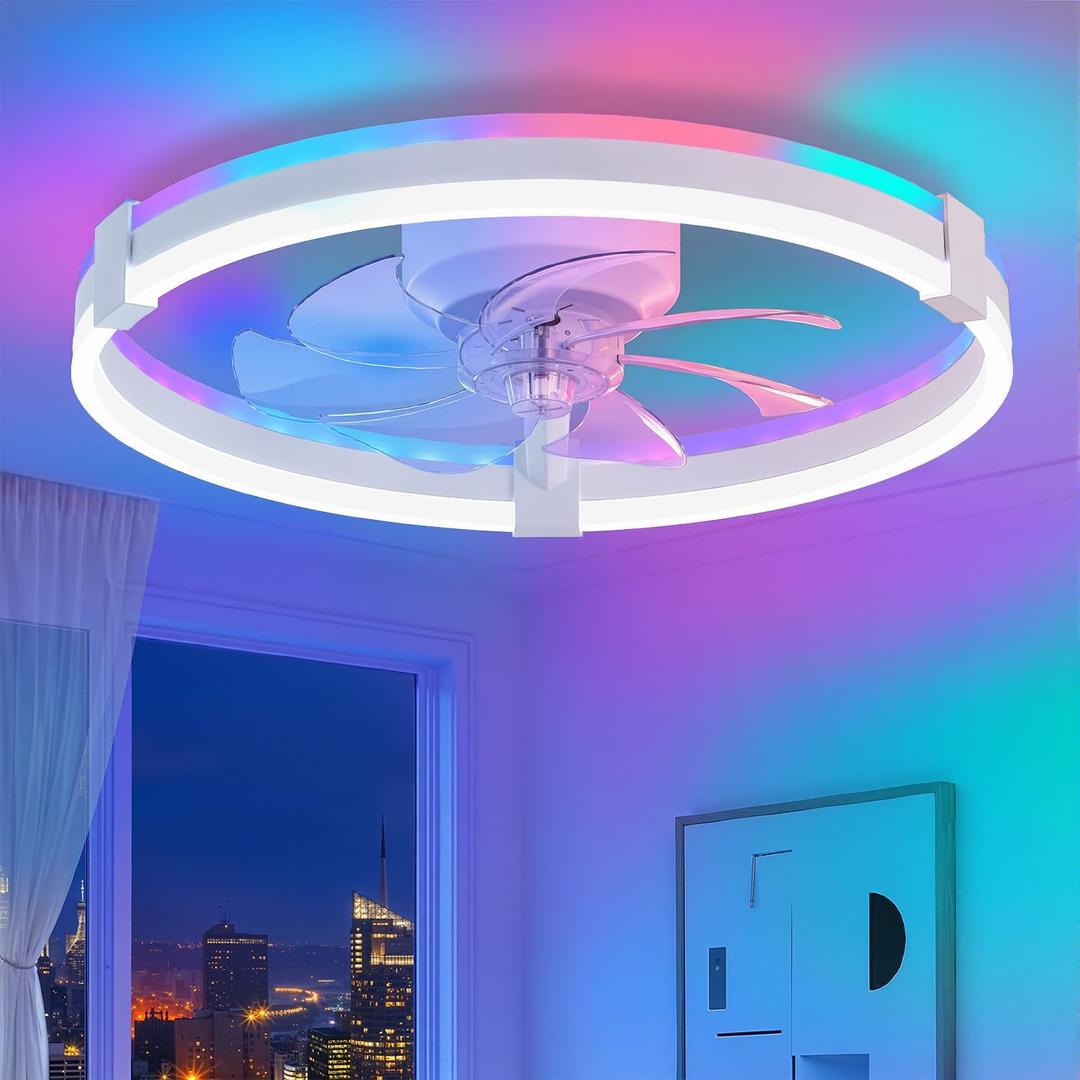 ZMISHIBO RGB Ceiling Fans with Lights and Remote, 20 inch Low Profile Ceiling Fan with Light, 3000K-6000K Dimmable & RGB, Modern Fandelier Flush Mount Ceiling Fan, Small LED Fan for Bedroom