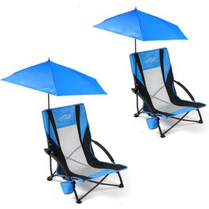 FAIR WIND 2 Pack Beach Chair with Umbrella for Adults Shade Chair Folding Backpack Portable Concert Bag Sand Chair with Cup Holder - Navy Blue with Black