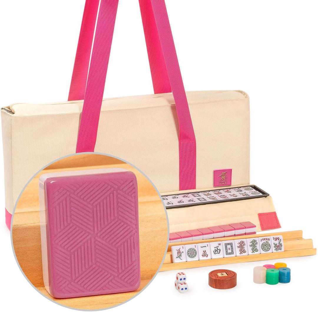 Yellow Mountain Imports American Mahjong Set, Rosehill 166 Rose-Pink Ridged-Backed Tiles, Racks with Pushers, Pink and Cream Soft Case, Scoring Coins, Dice & Wind Indicator