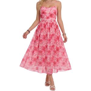 Womens Floral Spaghetti Strap Maxi Dress Sheer Flowy A Line Dress (Pink)