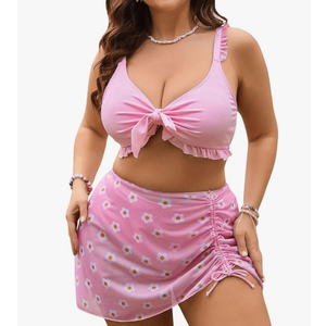 MakeMeChic Women's Size  4XL 3 Piece Bikini Set Tie Front Ruffle Rib Knit Bathing Suit with Floral Cover Up Skirt