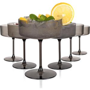 Ciaell 12PCS Plastic Ribbed Martini Glasses - 10 Oz Black Disposable Coupe Glasses with Stem - Heavy Duty Margarita Cups for Bars, Cocktails, Whiskey, Parties & Wedding