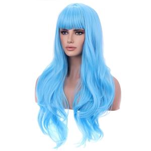 BERON Blue Wig Long Wavy Wig with Bangs Synthetic Wigs Long Sky Blue Wigs for Cosplay Costume Party with Hairnet