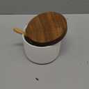 Ceramic Salt Cellar with Lid and Wooden Spoon, 8 Oz Speckled Salt Holder, Storage Canister for Sea Salt, Pepper, Spices, Herbs and Sugar