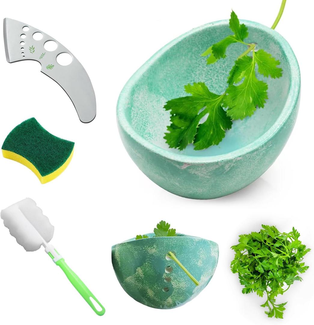 Frstem 2pcs Pottery Herb Stripper (Green Bowl+Herb Stripper),Handmade Ceramic Herb Stripper with Different Sizes of Round Holes,Kitchenware for Efficient Leaf Stripping