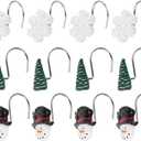 12Pcs Christmas Shower Curtain Hooks Christmas Tree Snowflake Snowman Shower Curtain Rings Xmas Bath Hooks for Bathroom Decor