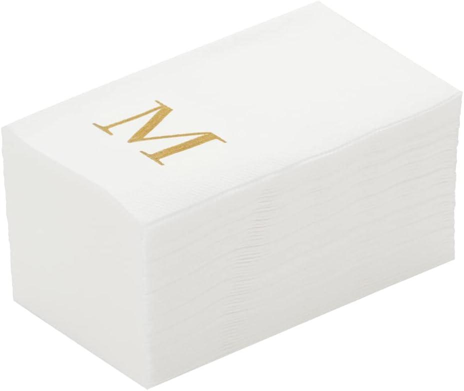 Luxenap 15.8 X 7.9 Inch Linen-Feel Guest Towels, 50 Lettered Hand Towels - Gold Letter 'M', Sans Serif Font, White Paper Dinner Napkins, airlaid, For Restrooms And Tables