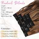 REECHO Clip in Hair Extensions, 4PCS BHair Extensions 24" Thick Long Beach Waves hair extensions HE003 Invisible Lace Weft Chocolate Brown with Golden Highlights