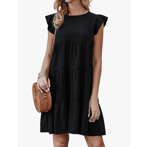 KIRUNDO Women's Summer Dresses Sleeveless Ruffle Sleeve Round Neck Solid Loose Short Flowy Pleated Mini Babydoll Dress XXL