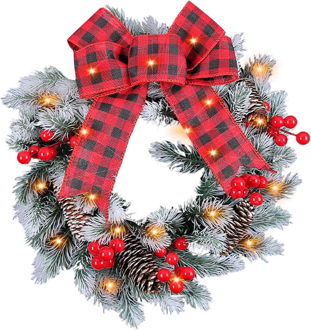 Christmas Wreaths for Front Door with Lights, Artificial Christmas Decor Wreath with Ball Ornaments for Holiday Thanksgiving Fall Winter Decor