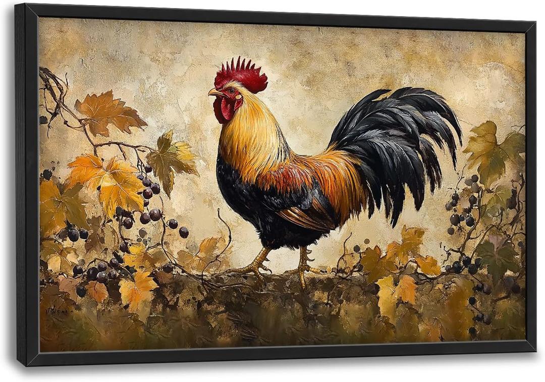 Flintis Large Rooster Framed Wall Art Vintage Chicken Grapevine Pictures Wall Decor Abstract Animal Canvas Painting Print Artworks Decor Framed for Living Room Bathroom Master Bedroom 60L X 30W