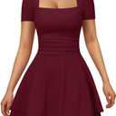 XXTAXN Women's Sexy Square Neck Short Sleeve Ruched Tiered Ruffle Hem Flowy Club Party Mini Dress (Medium, Red)
