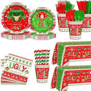 194pcs Christmas Ugly Sweater Decorations Xmas Disposable Dinnerware Set with Includes Plates, Cup, Napkin, Tablecloth, Tableware, New Year Ugly Sweater Party Supplies Plates Serve 24 Guests