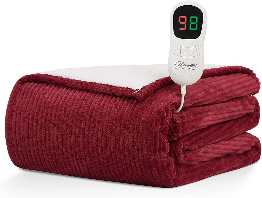 Homemate Heated Blanket Electric Throw - 50"x60" Heating Blanket Throw 1/2/4/6/8 Hours Auto-Off 10 Heat Levels Over-Heat Protection Soft Flannel Sherpa ETL Certification (Red (Striped))