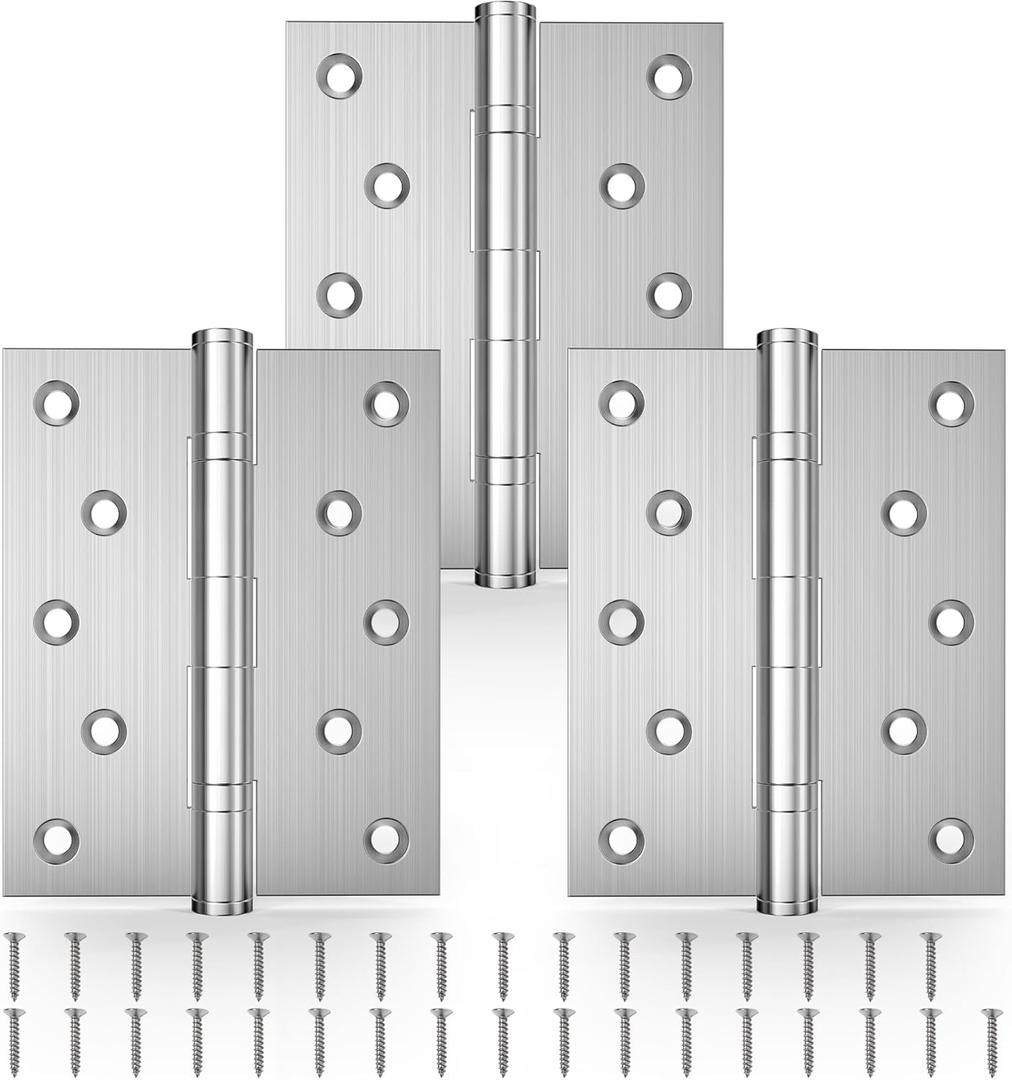 KOLET Ball Bearing Door Hinges, 5 x 4 Inches Door Hinges, Square Corner with Extra Thick 3mm, Heavy Duty Stainless Steel, Suitable for Hotel and Building, Smooth and No Squeak, Brushed Nickel, 3 Pack