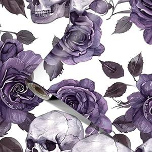HOMETITUTE Gothic Purple Rose Skull Peel and Stick Vinyl Wall Sticker Dark Romantic Easy to Apply No Residue Bedroom Studio Game Room Living Room Unique Decor Removable 39x16 Inch
