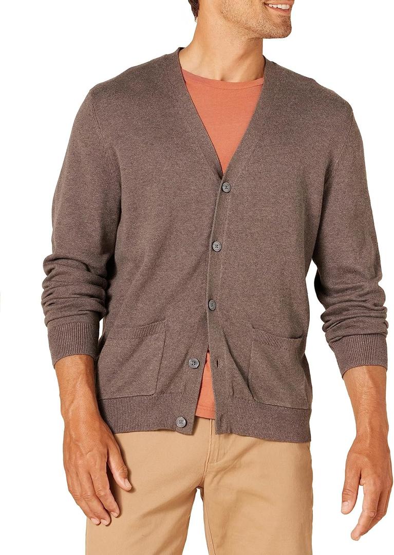Amazon Essentials Men's Cotton Cardigan Sweater (Brown Heather)