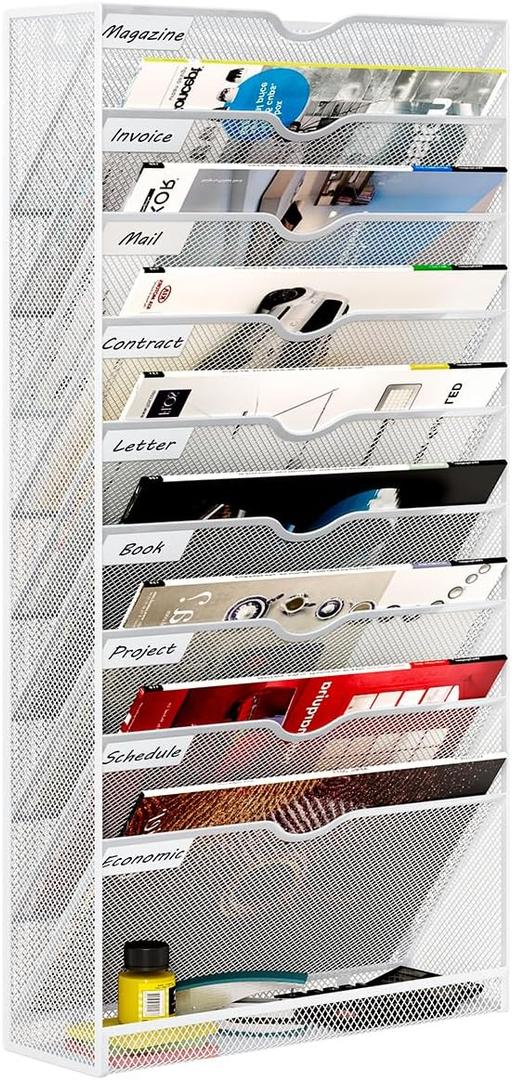 Hanging Wall File Organizer,10-Tier Desk File Mail Holder, Paper Bill Organization For Office Home School, White