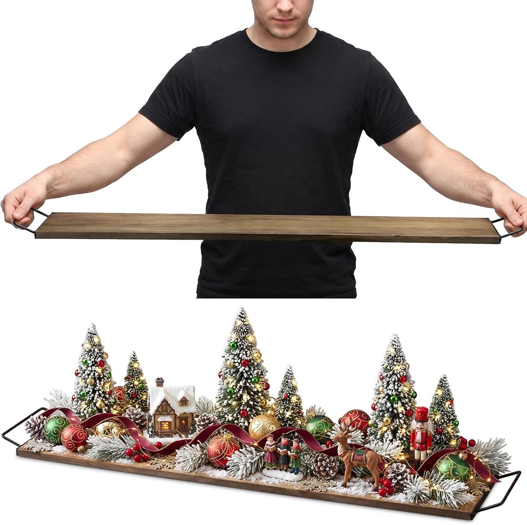 40" Large Wooden Serving Tray with Metal Handles Decorative Board