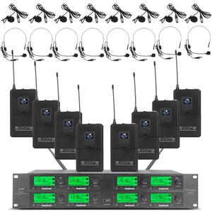 Wireless Microphone System UHF 8 Channel 8 Lavalier Bodypacks 8 Lapel Mic 8 Headsets for Karaoke System Church Speaking Conference Wedding Party