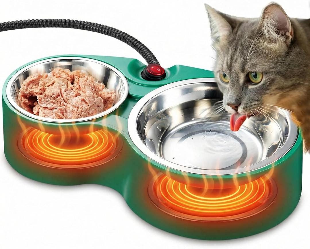 Heated Cat Bowl with Soft Indicator Light  Double Removable Stainless Steel Bowls, Freeze-Proof Water & Food, Overheat Protected, Chew-Resistant Cord, UL Listed