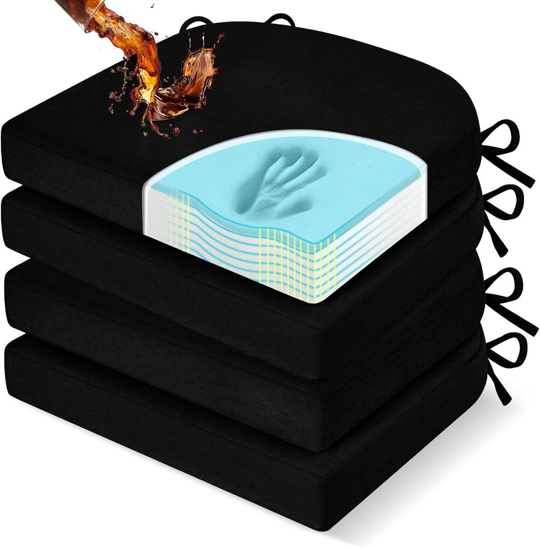 Downluxe Chair Cushions for Dining Chairs, Memory Foam Linen Kitchen Chair Pads with Ties, Waterproof, Stain-Resistant and Washable Cover, 17" x 16" x 2.5", Black, 4 Pack