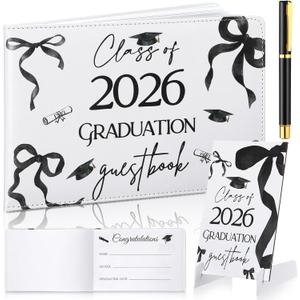 Yingzhao Leather Graduation Guest Book with Wood Table Sign and Signature Pen 144 Pages Class of 2026 Graduation Signature Book Grad Guest Scrapbook College Party Supplies(Black,Black Bow)