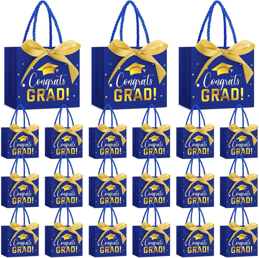 Jetec 45 Pack 2026 Graduation Gift Bags Bulk Small Congrats Bags with Handle and Bow Ribbon 5.5 x 4.7 x 2.5 Inch Grad Paper Treat Gifts Party Favor Supplies for College High School(Blue Gold)